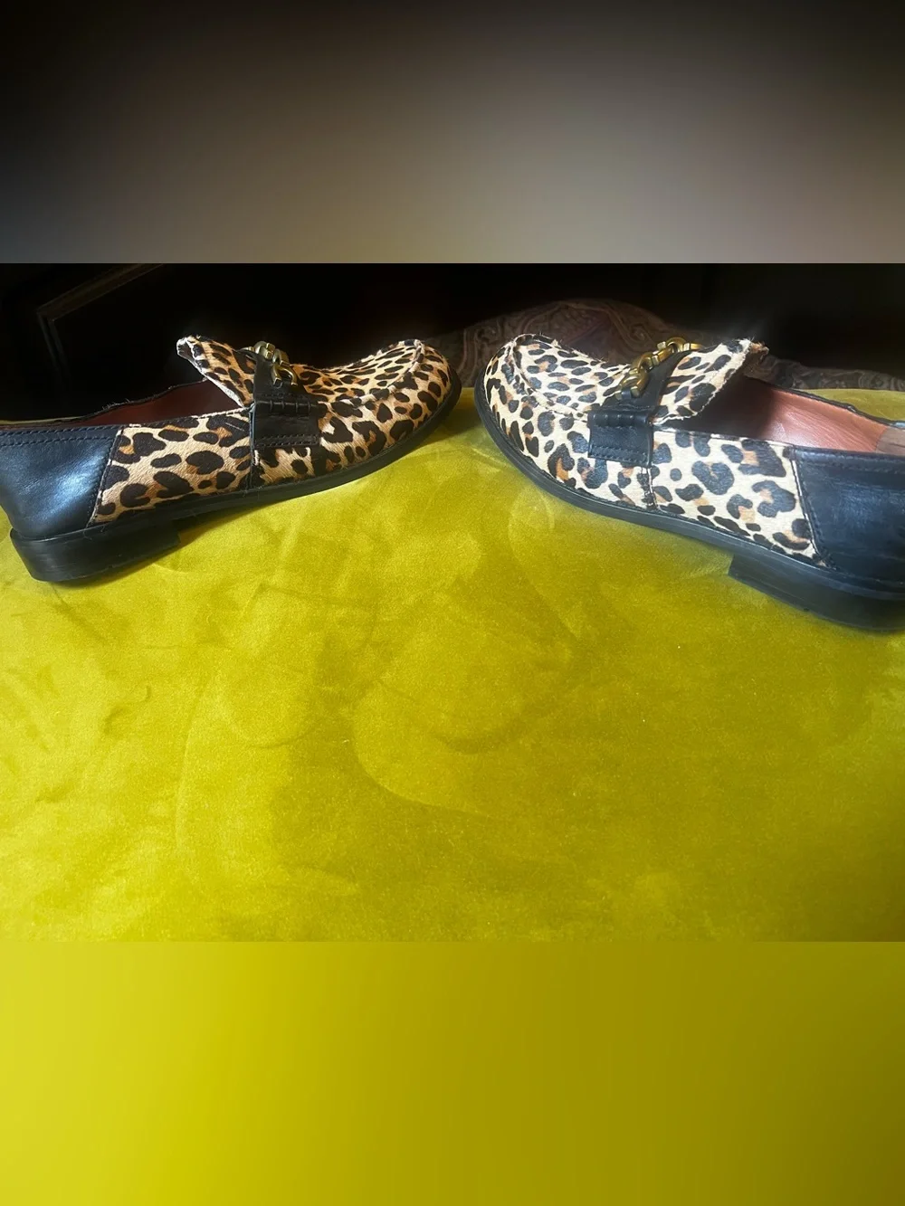 Coach Women's Leopard Print Loafers with Black Strap and Gold Chain